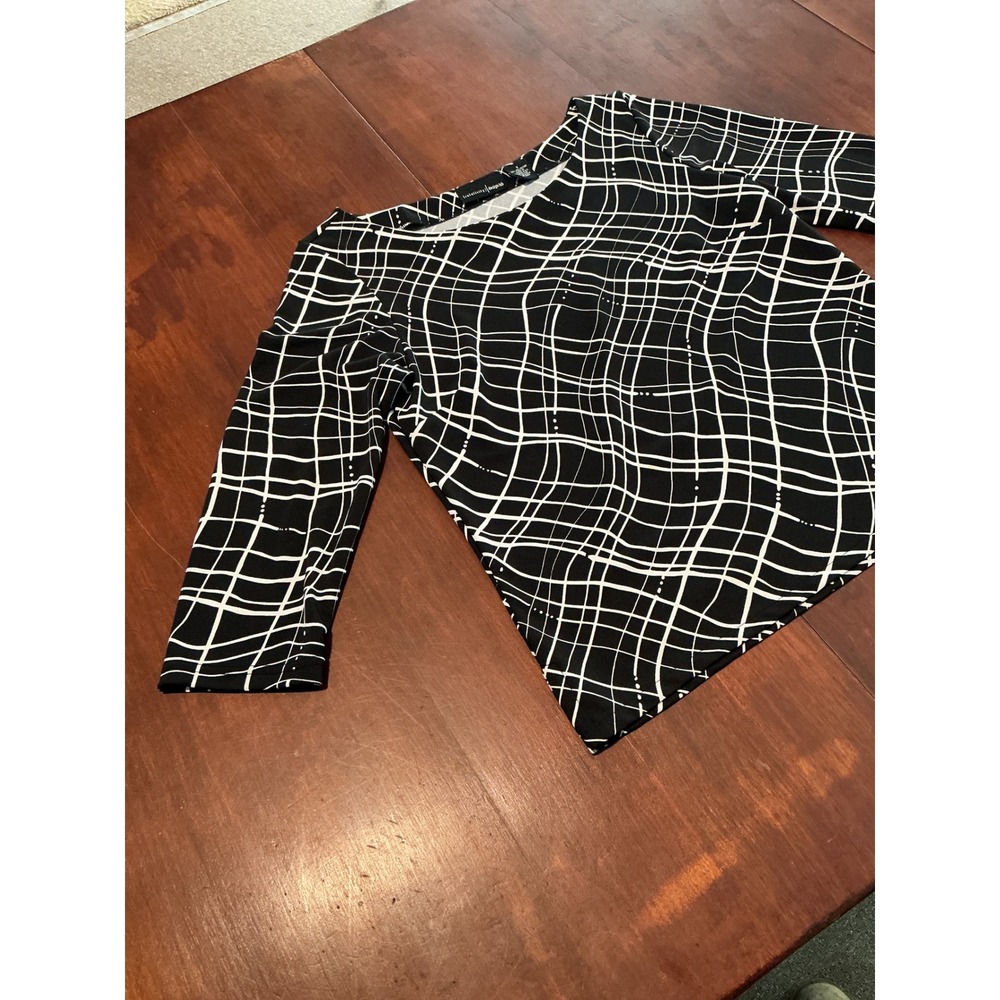 Relativity Design Lab Black White Abstract Grid Boat Neck 3/4 Sleeve Top Small